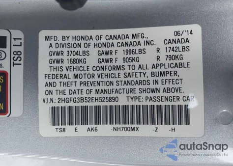 2014 Honda Civic Lx from USA, damaged, VIN 2HGFG3B52EH525890